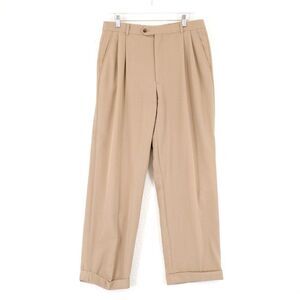 DAMAGED Joseph Feiss Wool Tan 33/30 Dress Pants Mid Rise Pleated Cuffed Lined Pa